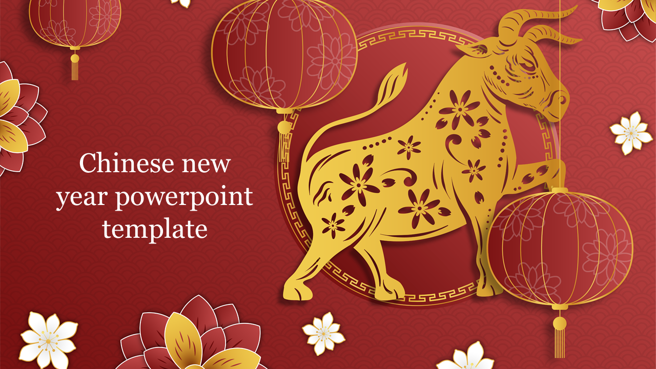 Chinese new year PowerPoint template with a golden ox, lanterns, and floral patterns on a red background.