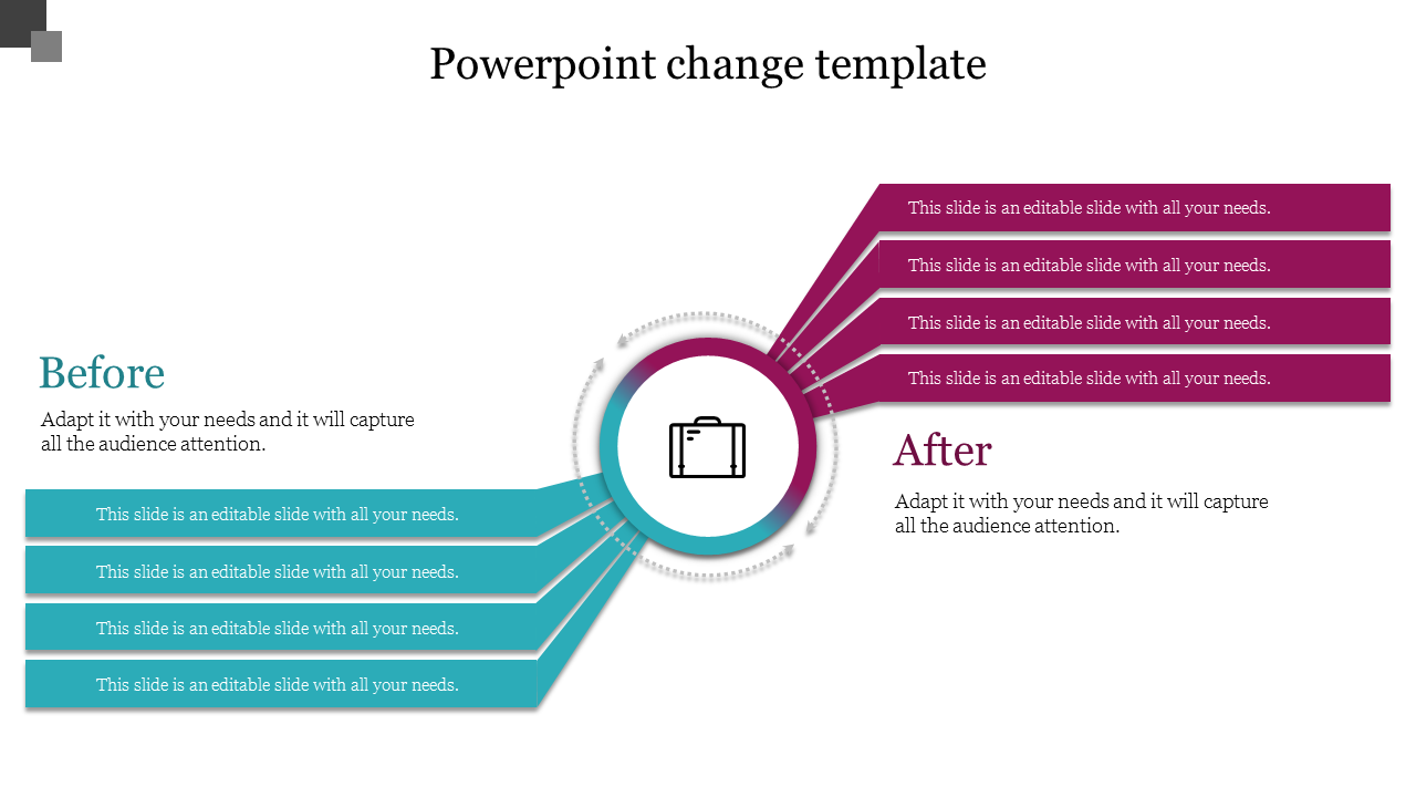 Change PPT template with before and after sections, showcasing content areas with color coded arrows and icons.