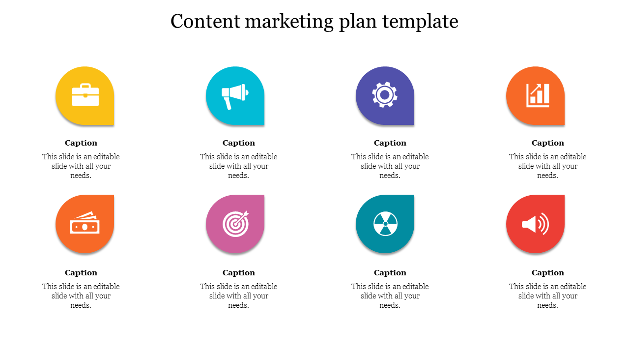 Content marketing plan slide with vibrant icons like briefcase, target, and speaker, each labeled with caption areas.