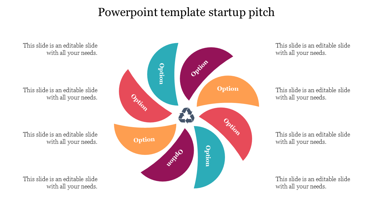 Slide featuring a circular infographic with eight segments labeled options in various colors with placeholder text.