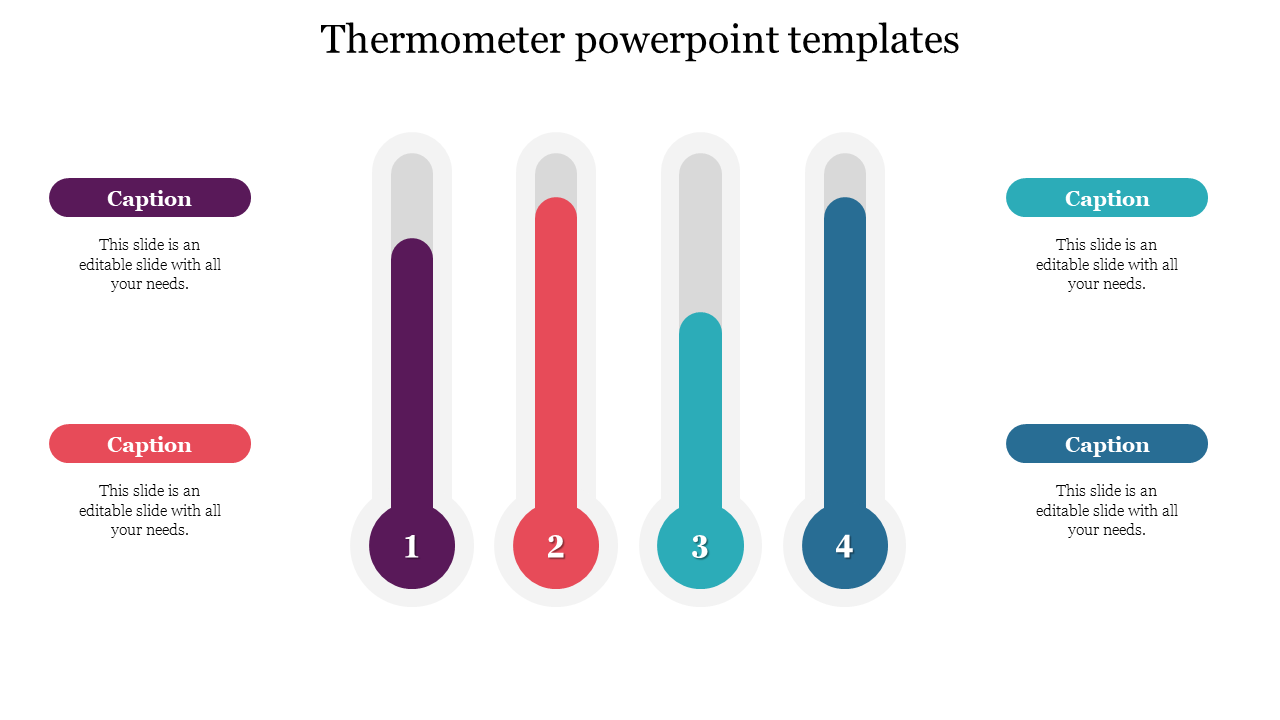 Four vertical thermometers in purple, red, teal, and blue, numbered 1 to 4, with captions placed on both sides.