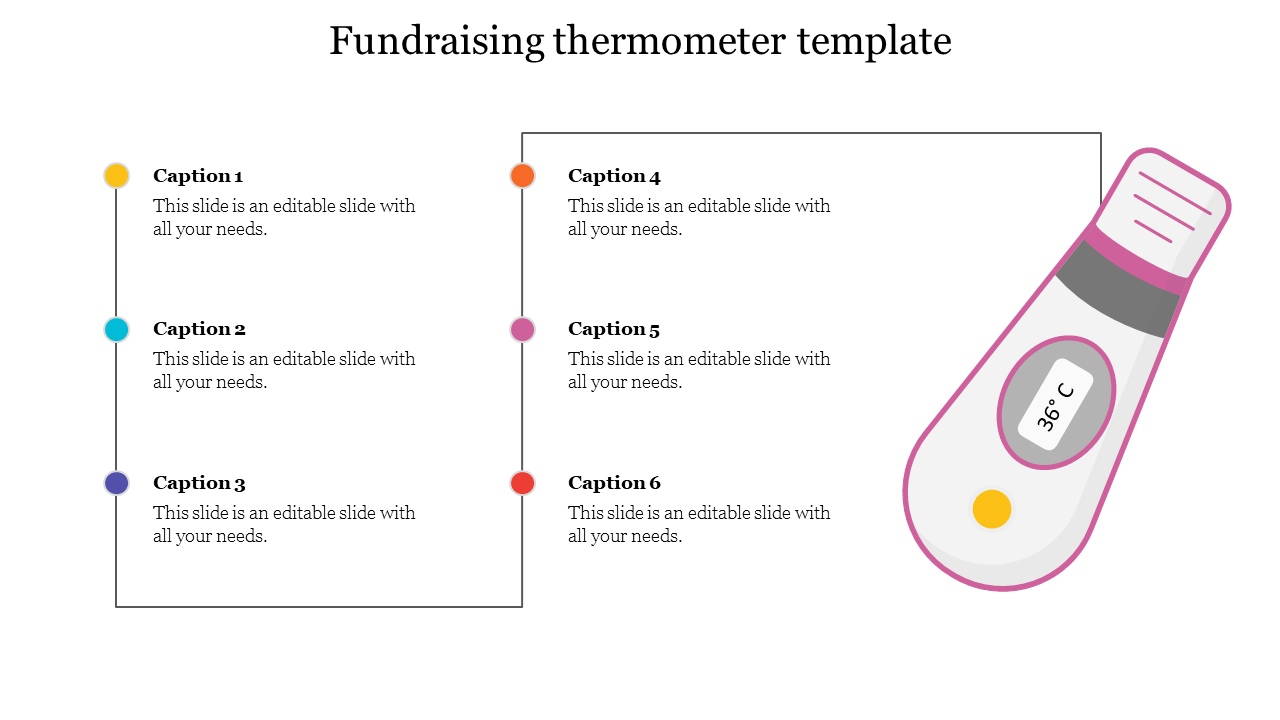 Fundraising slide features a digital thermometer illustration in pink and gray, with six colorful captions on the left.