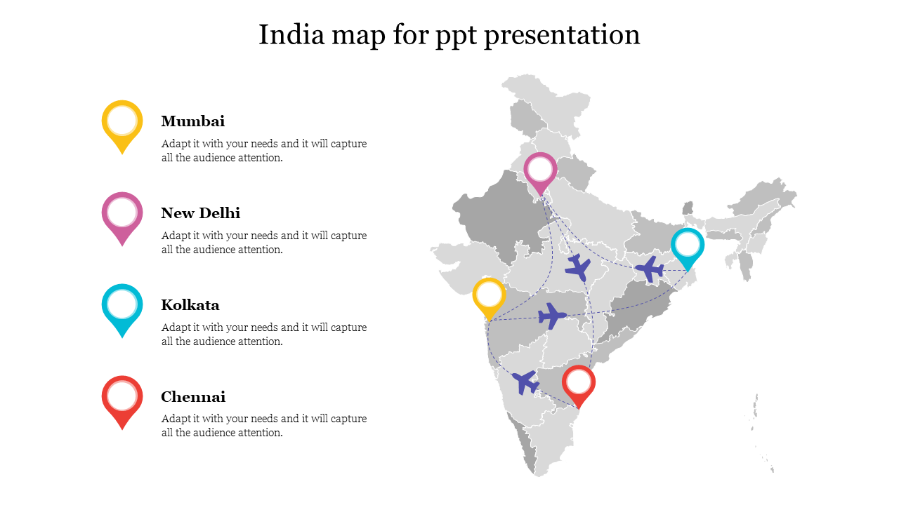 India map with four colorful location markers and airplane icons, with a key listing city names on the left.