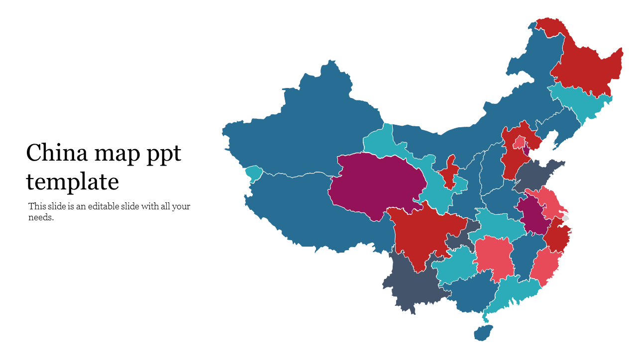 Slide presenting a colorful political map of China’s provinces in different hues for a clear distinction.