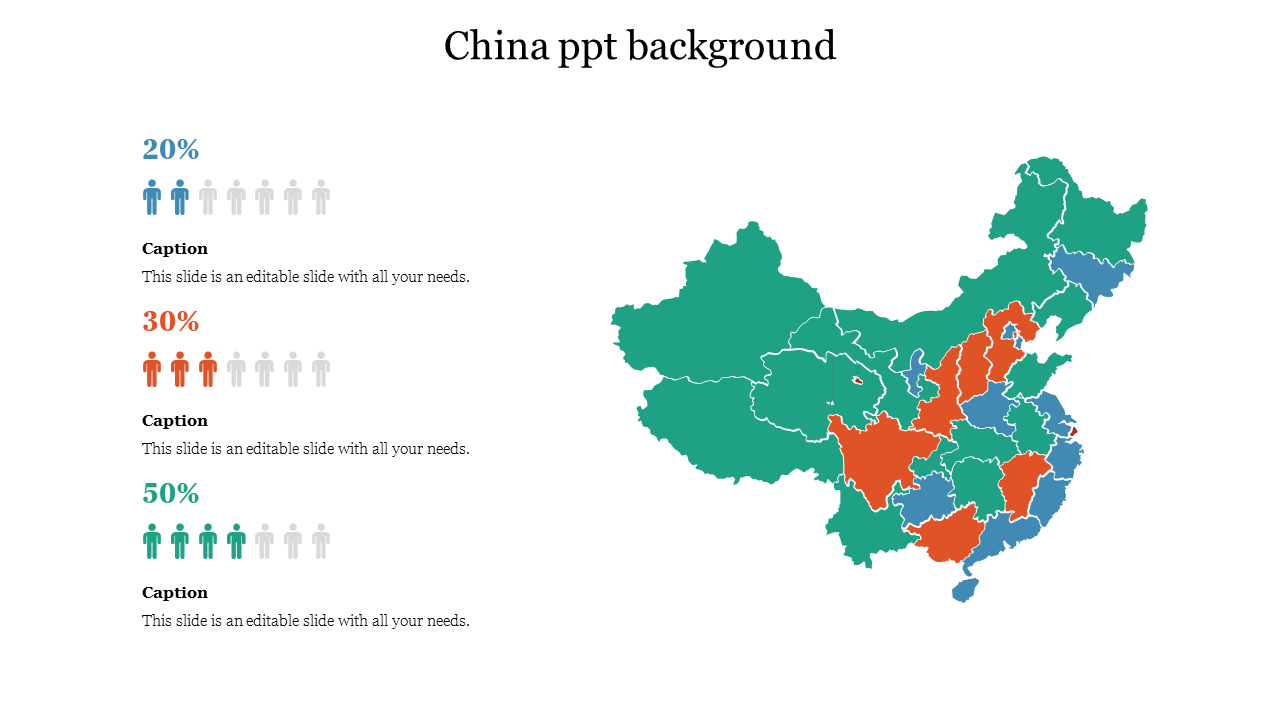 PowerPoint slide showing a map of China with regions highlighted in green, orange, and blue with percentages and captions.