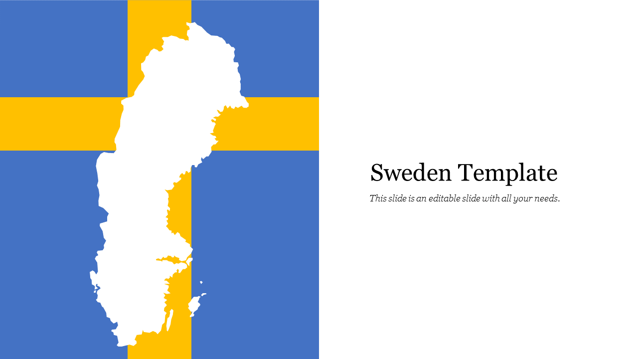 Map of Sweden overlaid on the Swedish flag with a blue and yellow background, alongside a white text section on the right.