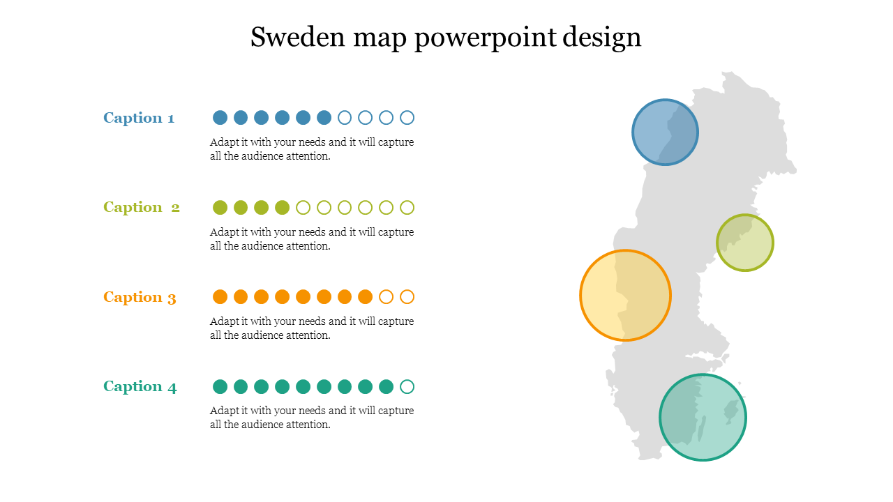 PowerPoint template featuring a map of Sweden with four highlighted areas in different colors with captions.