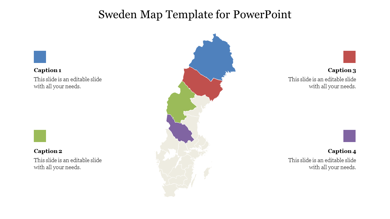 Beige Sweden map divided into colored sections of blue, red, green, and purple, surrounded by text areas.