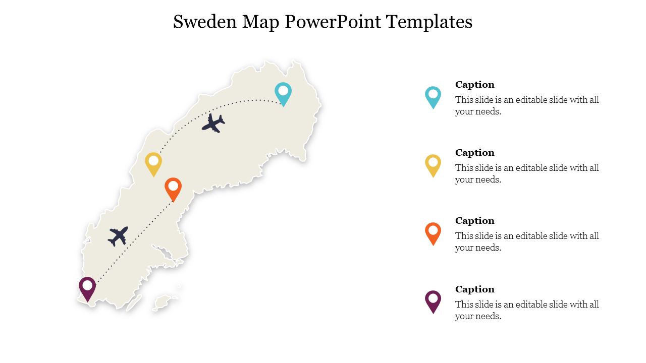 Map of Sweden with markers indicating key locations for a PowerPoint template, with icons of airplanes and pins.