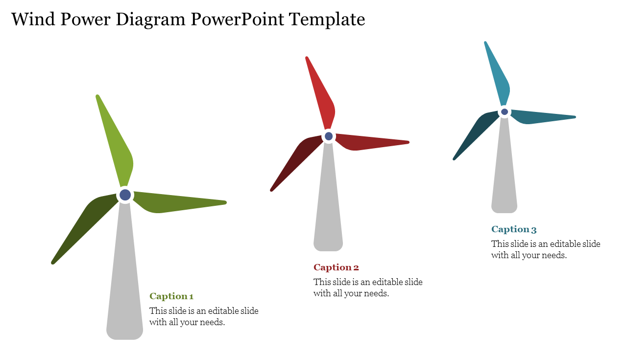 Wind power diagram slide featuring three wind turbines with differently colored blades and captions.