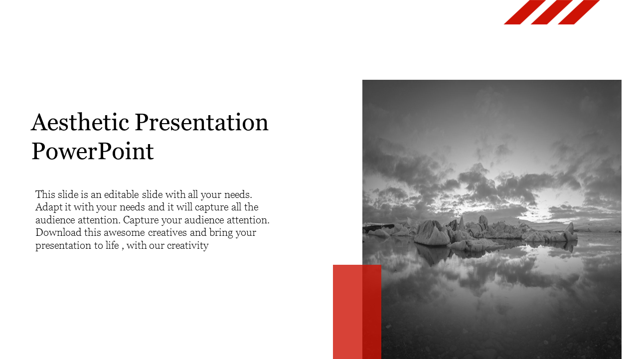 Aesthetic slide featuring a grayscale landscape image, structured text on a white background, and red design elements.