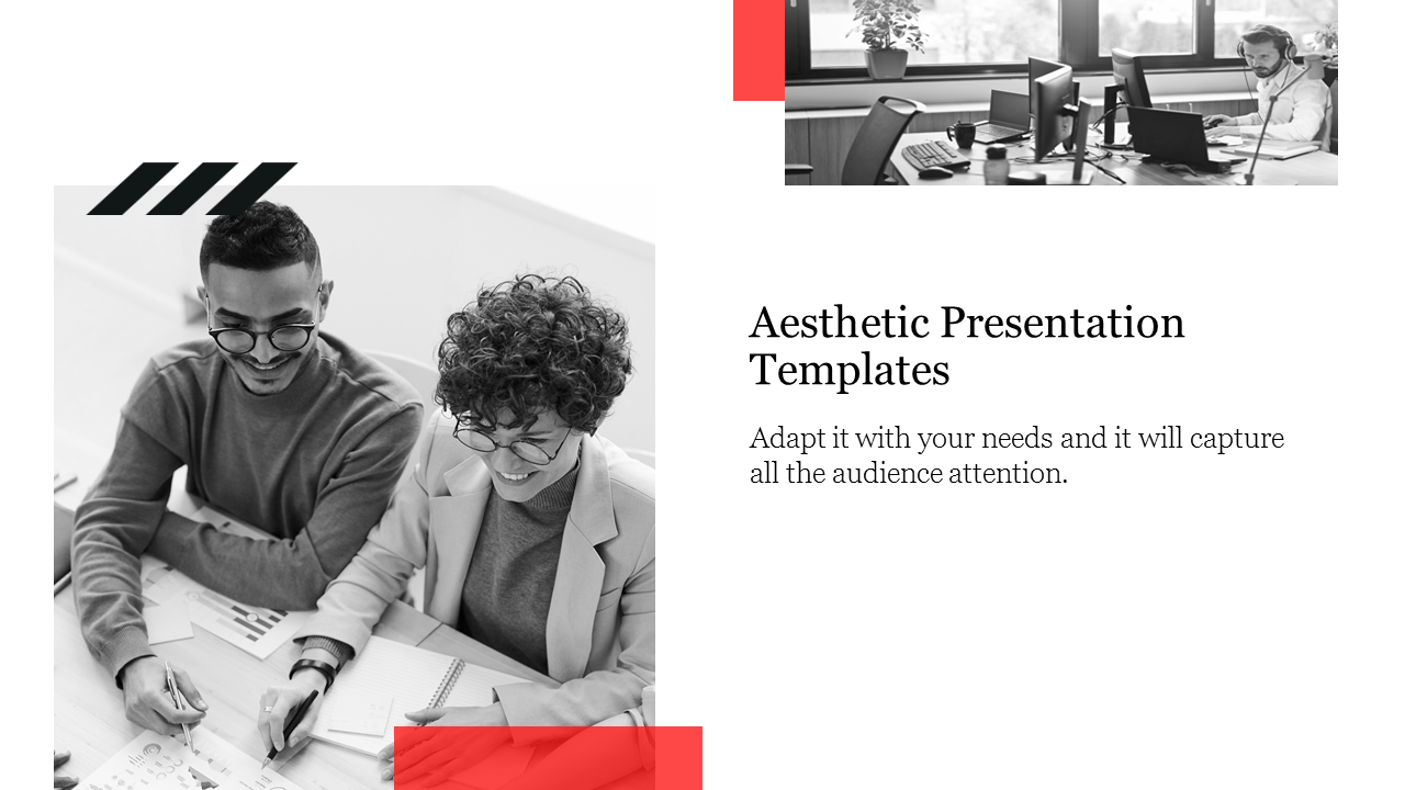 Monochrome slide with smiling team members and red accents, featuring an aesthetic presentation layout.