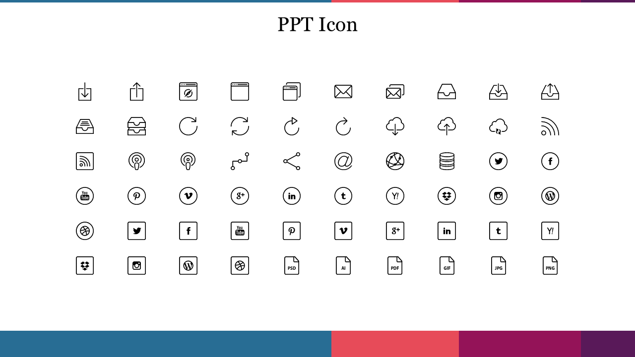 Grid of black outline icons evenly spaced on a white background, with a colorful border of blue, red, and purple.