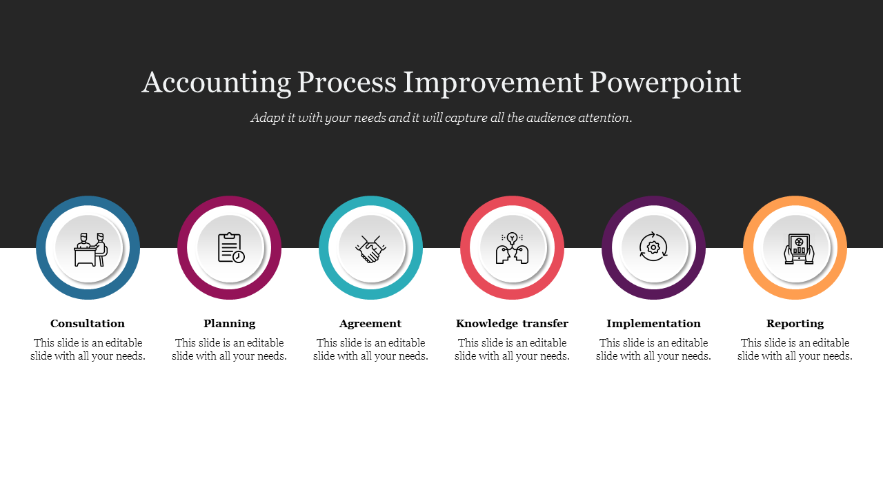 Six colorful circular icons on a white background, with a black header above, depicting steps in an improvement process.