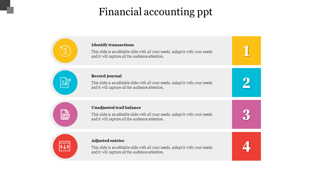 Financial accounting process slide featuring four steps with colored icons and placeholder text.