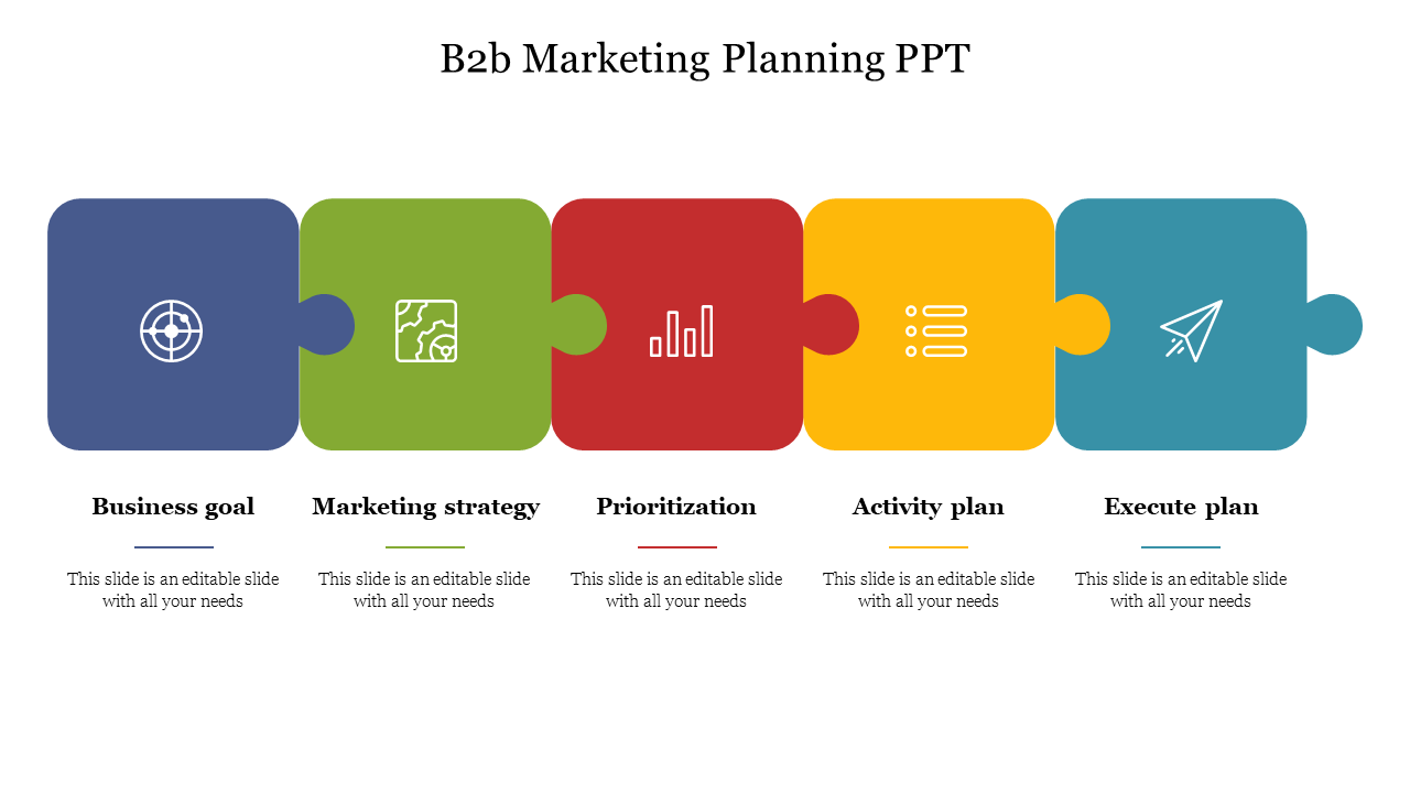 B2B marketing planning slide featuring colorful puzzle pieces with icons and placeholder text.