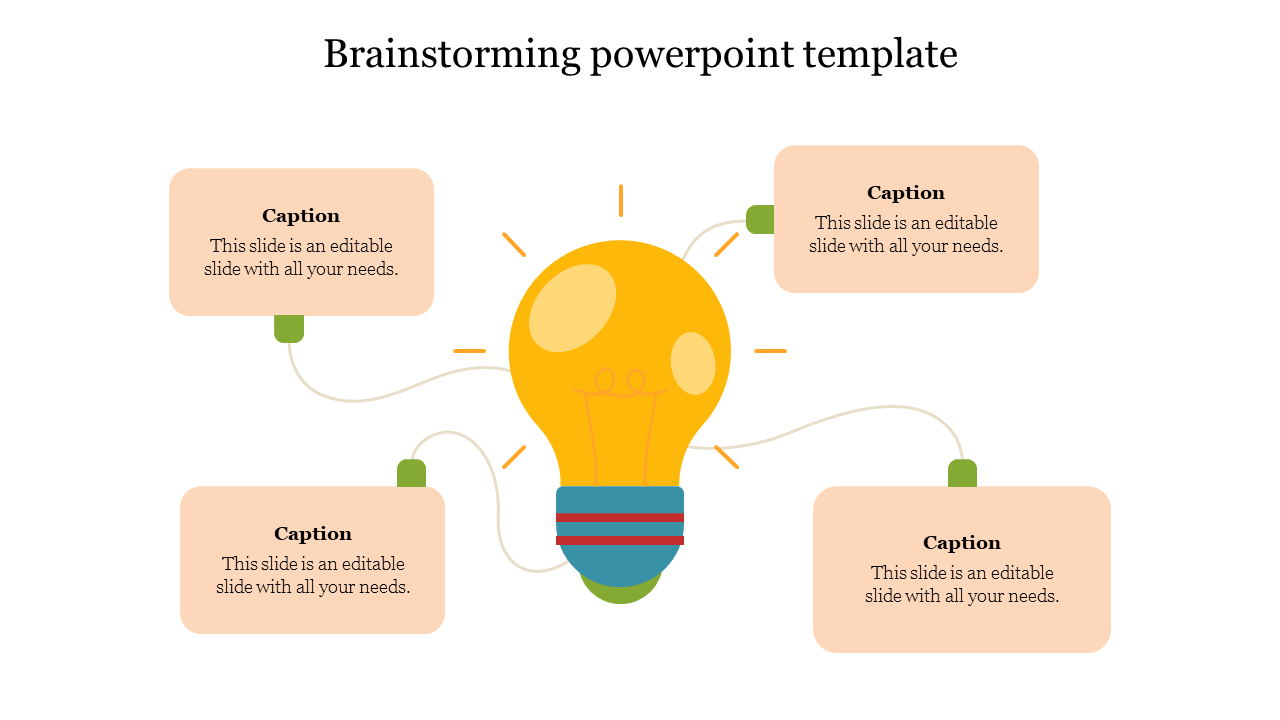 Brainstorming slide with a central light bulb graphic and four text boxes, each connected by curved lines for ideas.