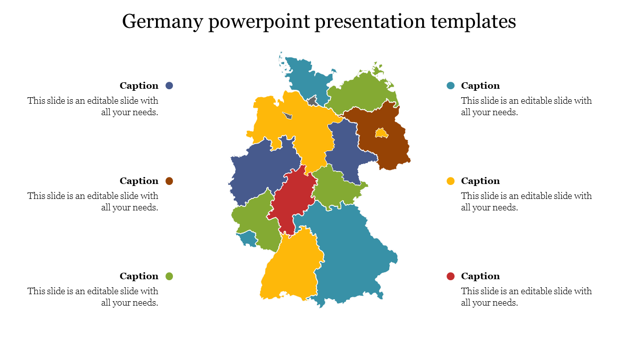 Slide featuring a colorful map of germany with captions for each region on a white backdrop.