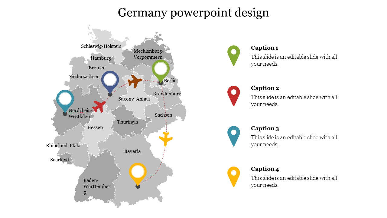 Map of Germany with four colored location markers, linked by a dotted line flight path, with matching captions on the right.