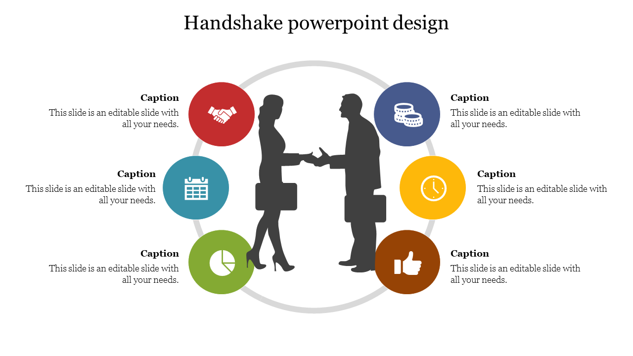 Circular layout with six colored icons and silhouettes of two people shaking hands in the center on a white background.