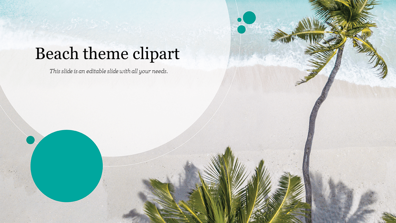 Beach-themed slide with a top view of palm trees and waves on a sandy shore with circular design elements in teal.