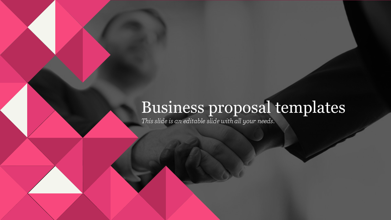 PowerPoint slide with a business proposal theme featuring a handshake and geometric design with placeholder text.