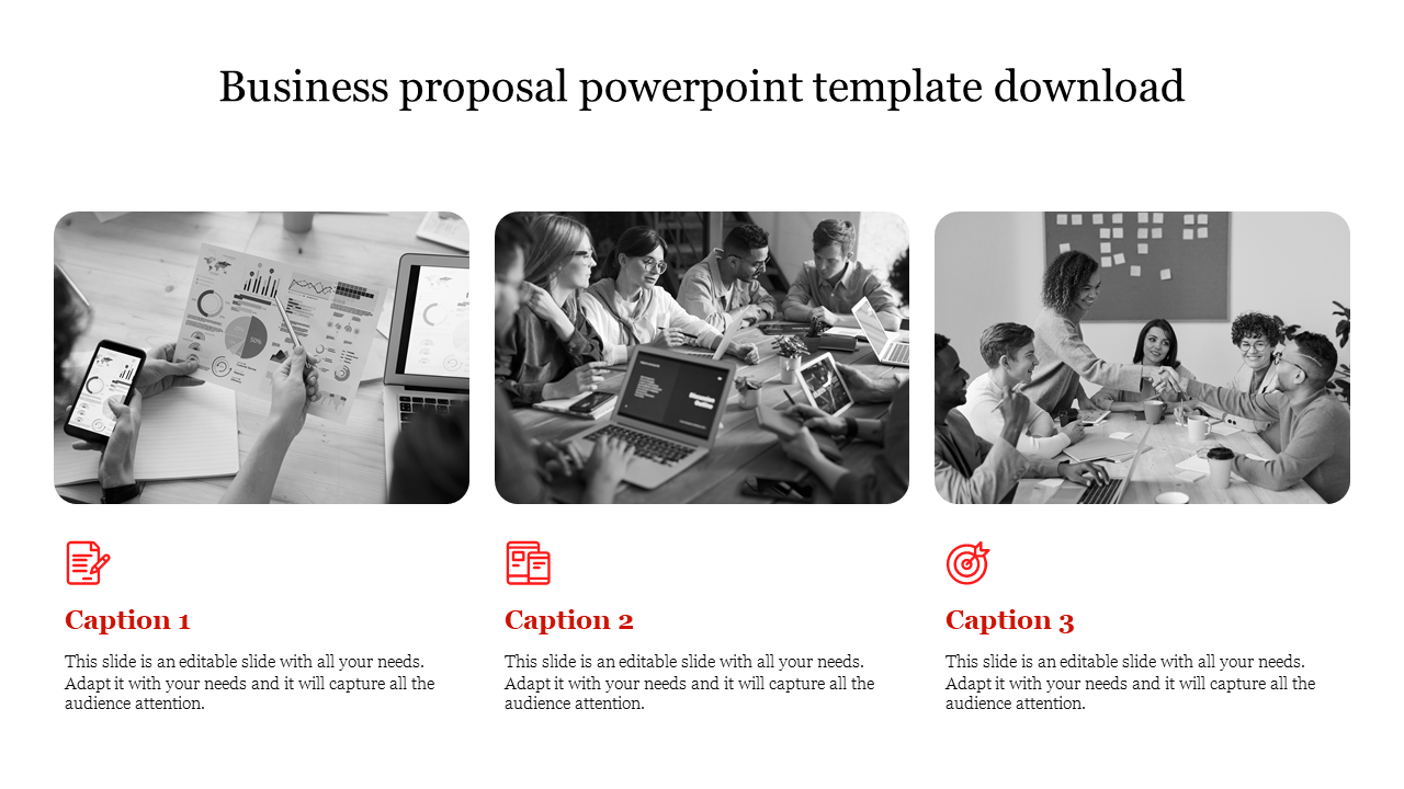 Three-step business proposal template featuring collaborative work scenes and bold red caption areas.