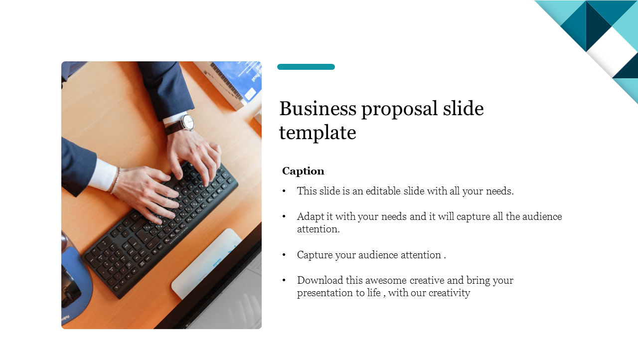 Business themed slide with a photo of hands typing on a keyboard, text on the right, and geometric blue shapes in the corner.