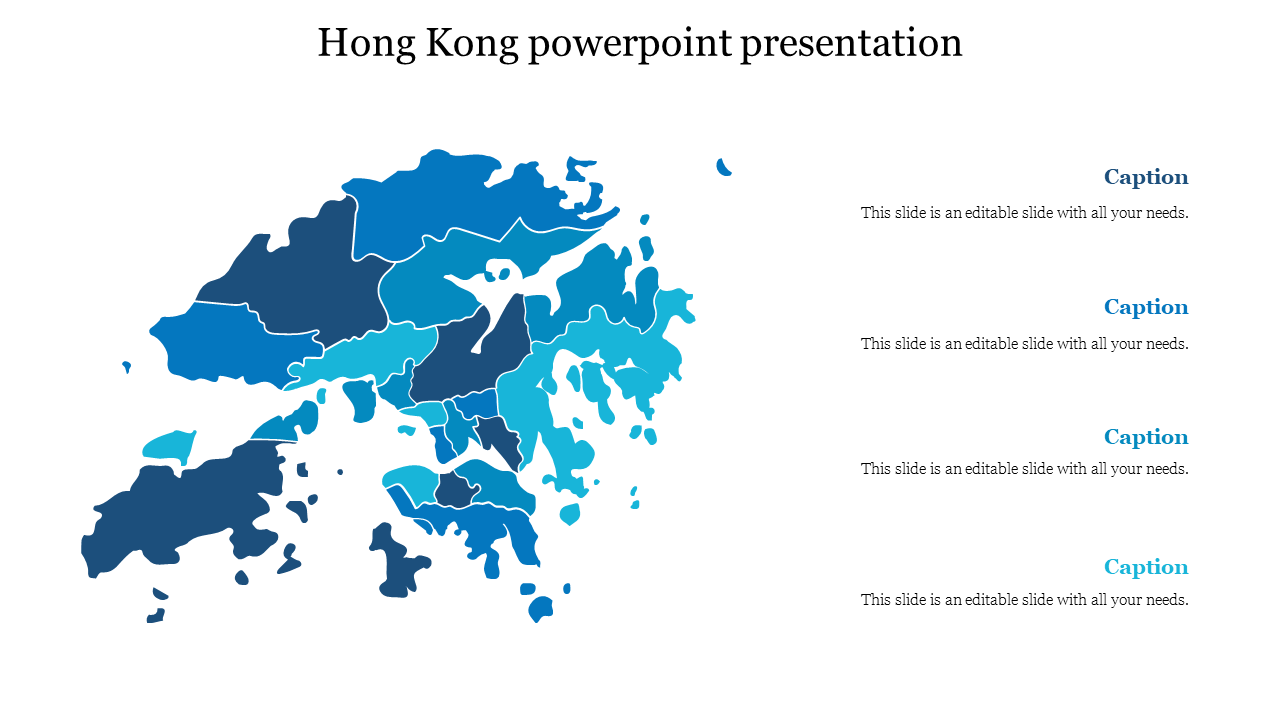 Stylized Hong Kong map with different blue shades representing regions, and four captions on the right.