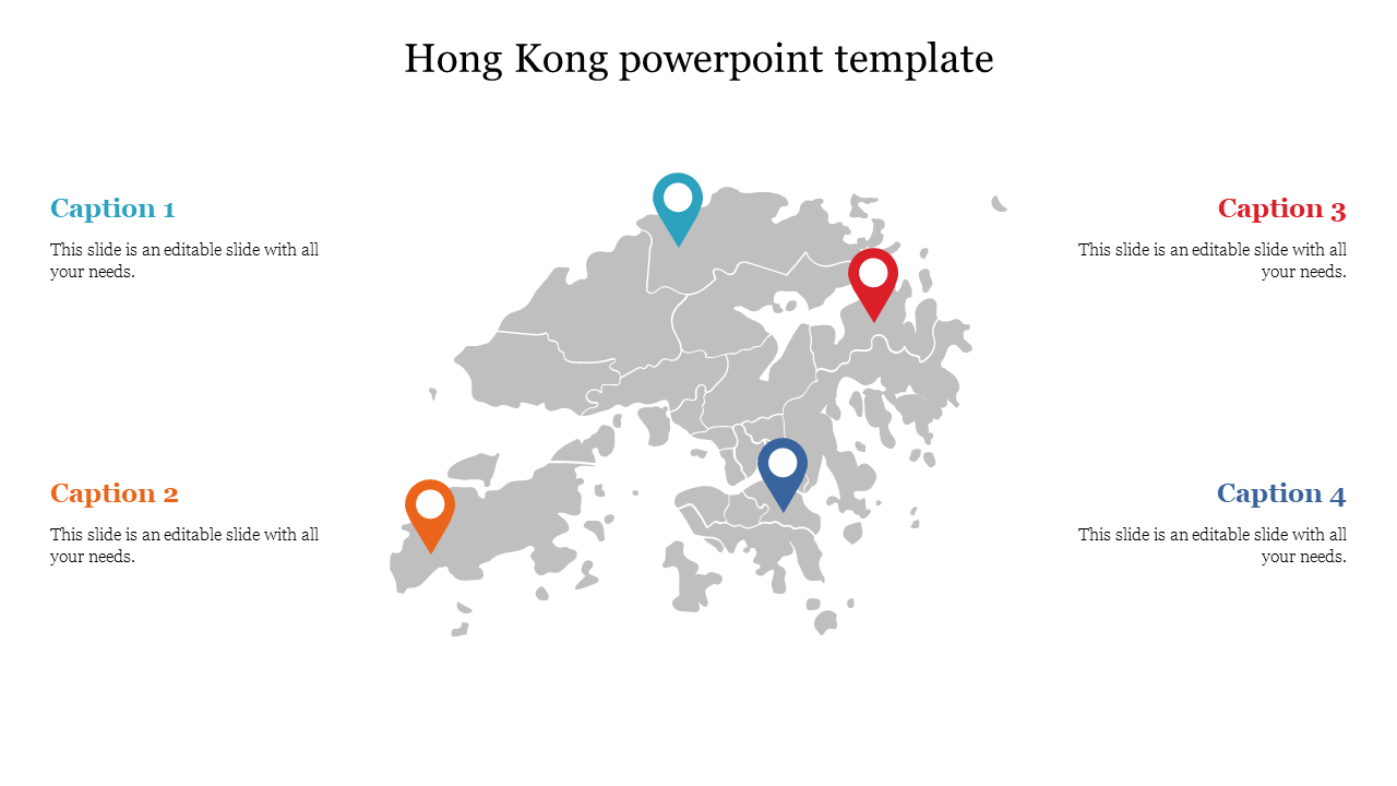 Hong Kong map slide with red, blue, orange, and green markers indicating key locations and captions areas.