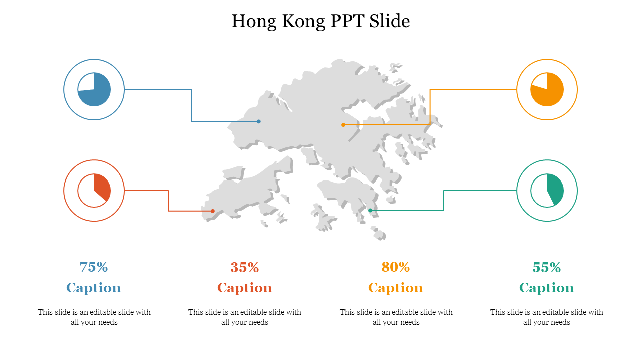 PowerPoint slide featuring a map of Hong Kong with colorful pie charts and percentage data with captions.