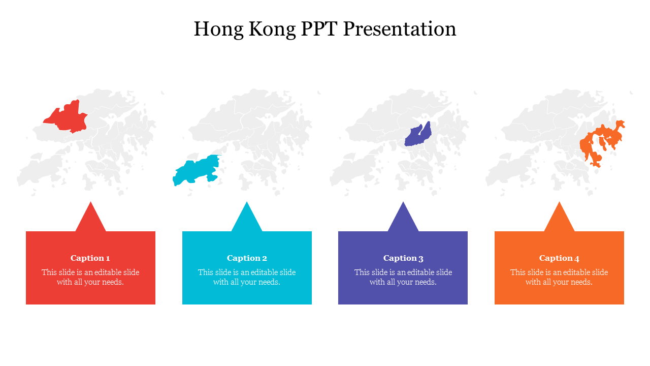 Hong Kong regional map with four sections marked in different colors, each linked to a caption area.