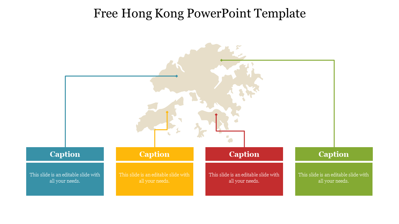 A map of Hong Kong and four caption boxes, each color-coded and connected to different map locations via lines.