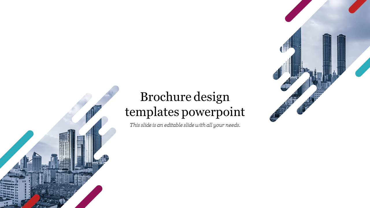 Slide features cityscape images with colorful diagonal stripe overlays, framing central text on a white background.