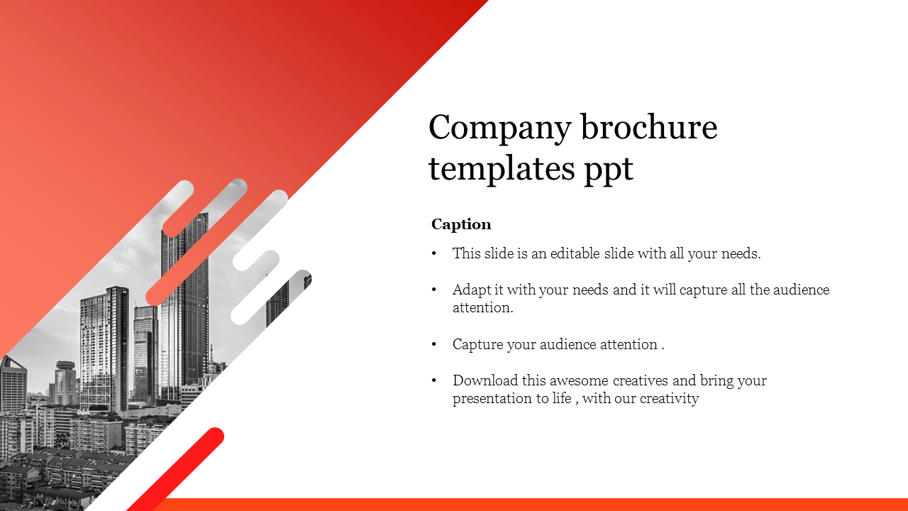 Professional slide showcasing company brochure template with a bold red and gray design featuring city skyline imagery.