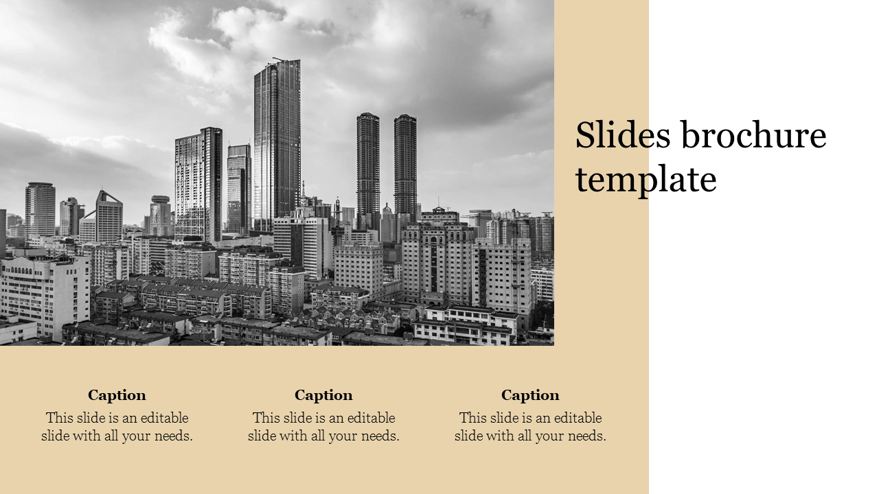 Slides brochure template in black-and-white cityscape with tall buildings, beige background, and placeholder text area.