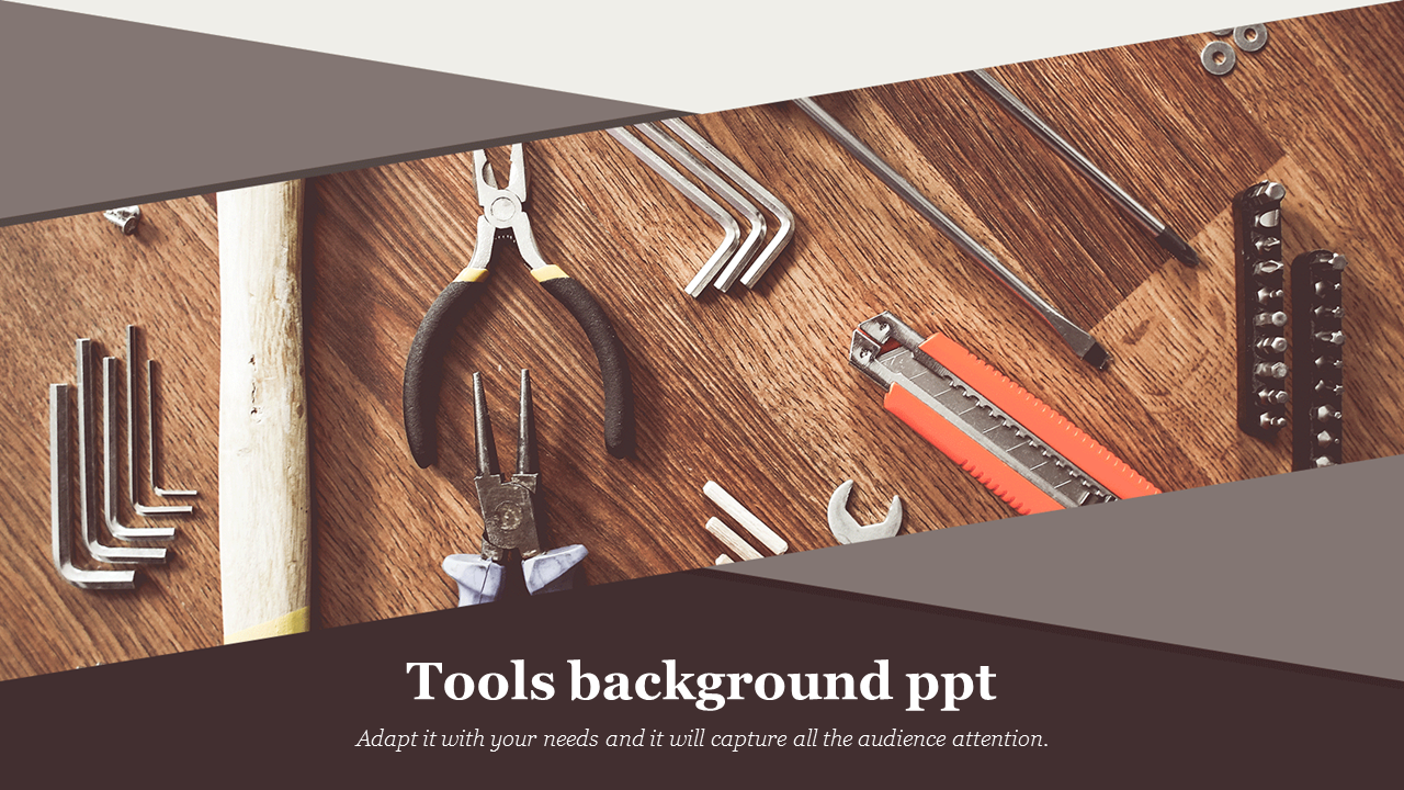 A wooden surface with various hand tools, framed by diagonal brown shapes, creating a structured background layout.