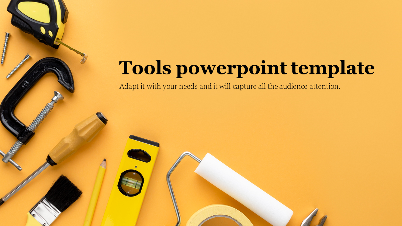 Set of tools, such as a clamp, level, and paint roller, on a yellow surface, with black text displayed on the right.