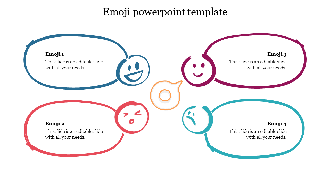 Four colorful hand drawn emoji faces with matching speech bubbles in red, blue, teal, and purple on a white background.