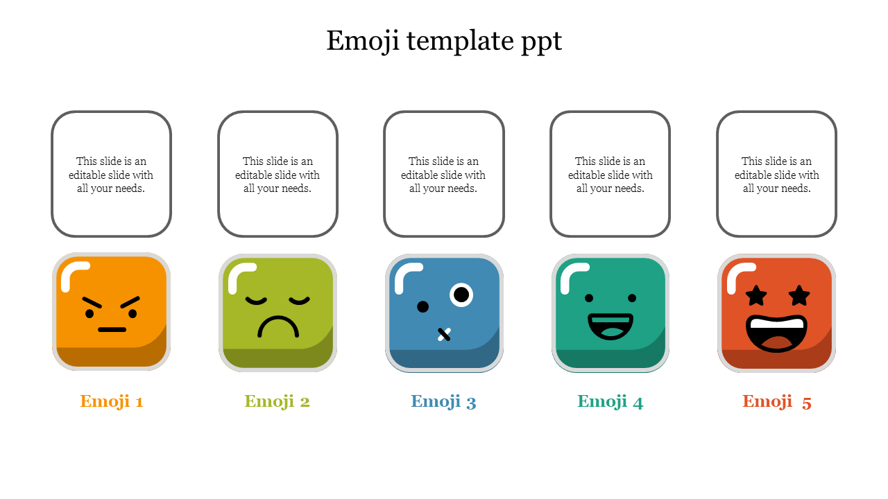 Emoji PowerPoint slide with five colorful icons and text boxes above each.