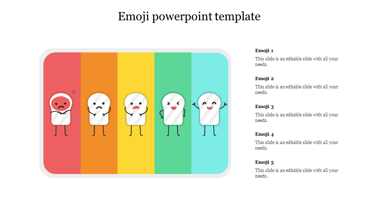 Emoji themed slide displaying a variety of facial expressions along with text areas.