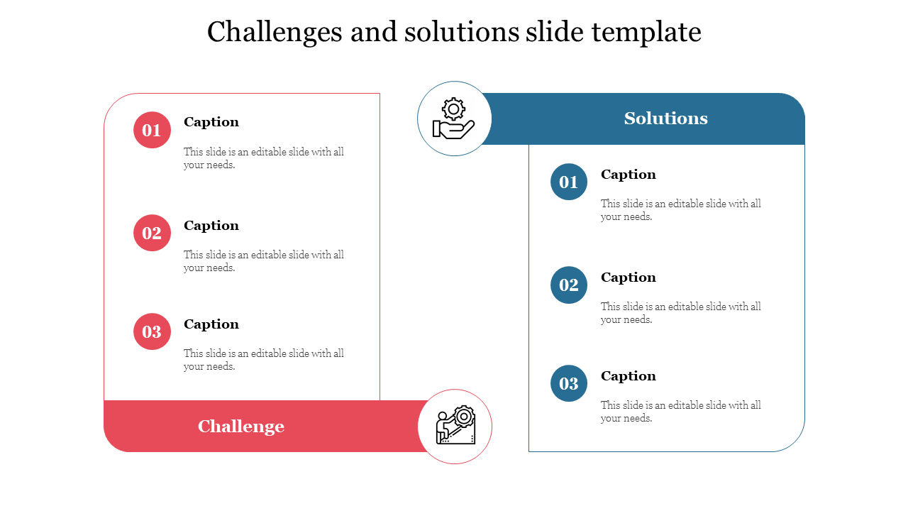 Slide with a side-by-side layout for challenges and solutions, each section with a numbered caption and text area with icons.