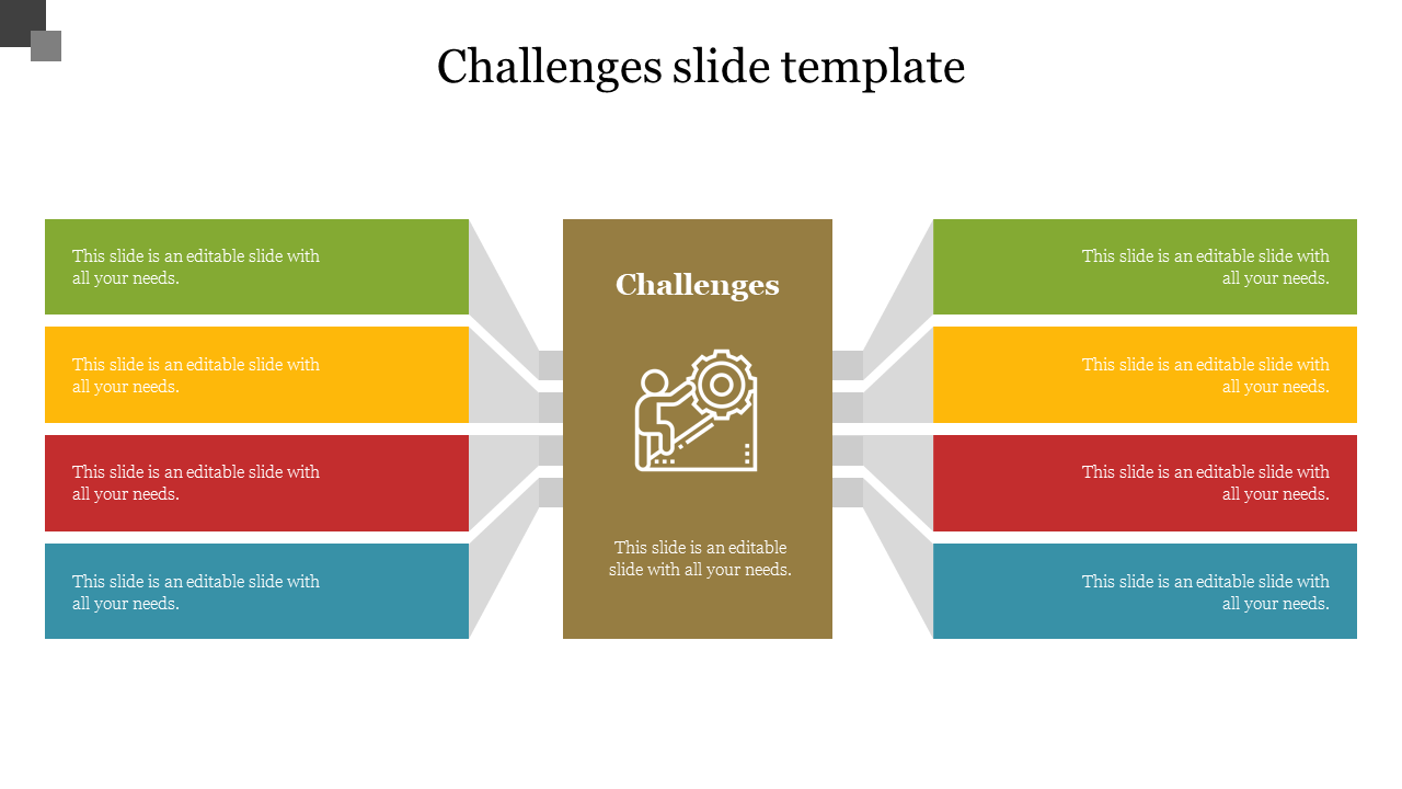 Challenges slide with a central brown box labeled Challenges, featuring eight multicolored boxes on each side for text area.