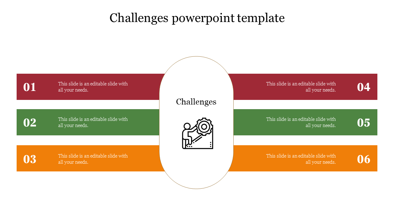 PowerPoint template for challenges, displaying six numbered sections and a gear icon in the middle.