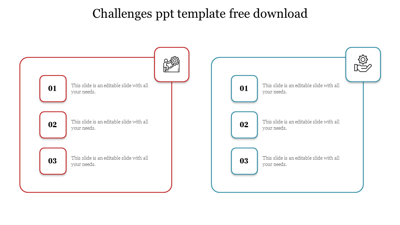 Split layout with red and blue bordered rectangles, each section showing three numbered boxes in a vertical format.