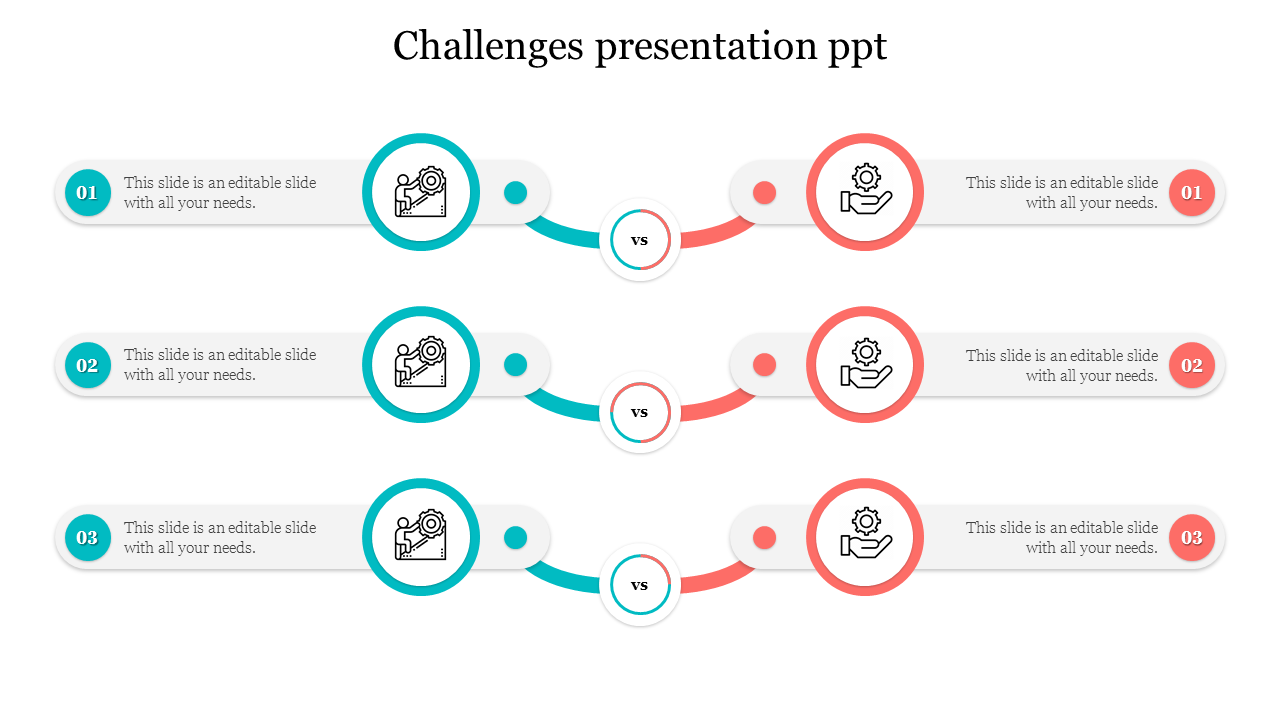 Slide displaying three sets of challenge comparisons, featuring teal and red icons and text connected by a 'vs' symbol.