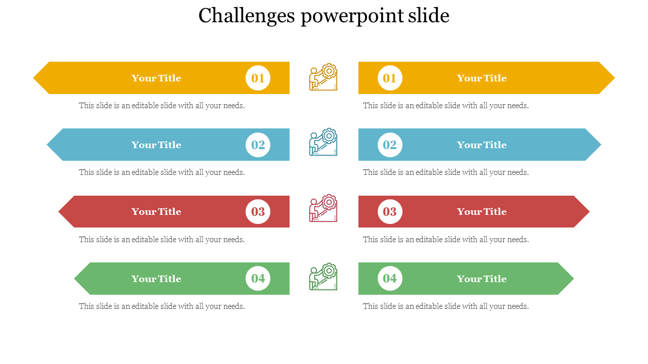 Challenges slide with four colorful arrow-shaped sections, each containing a title and numbered icon with caption areas.