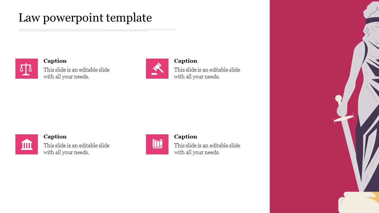 Law themed slide with four icons in pink squares, and a statue holding a sword on a maroon right side panel.