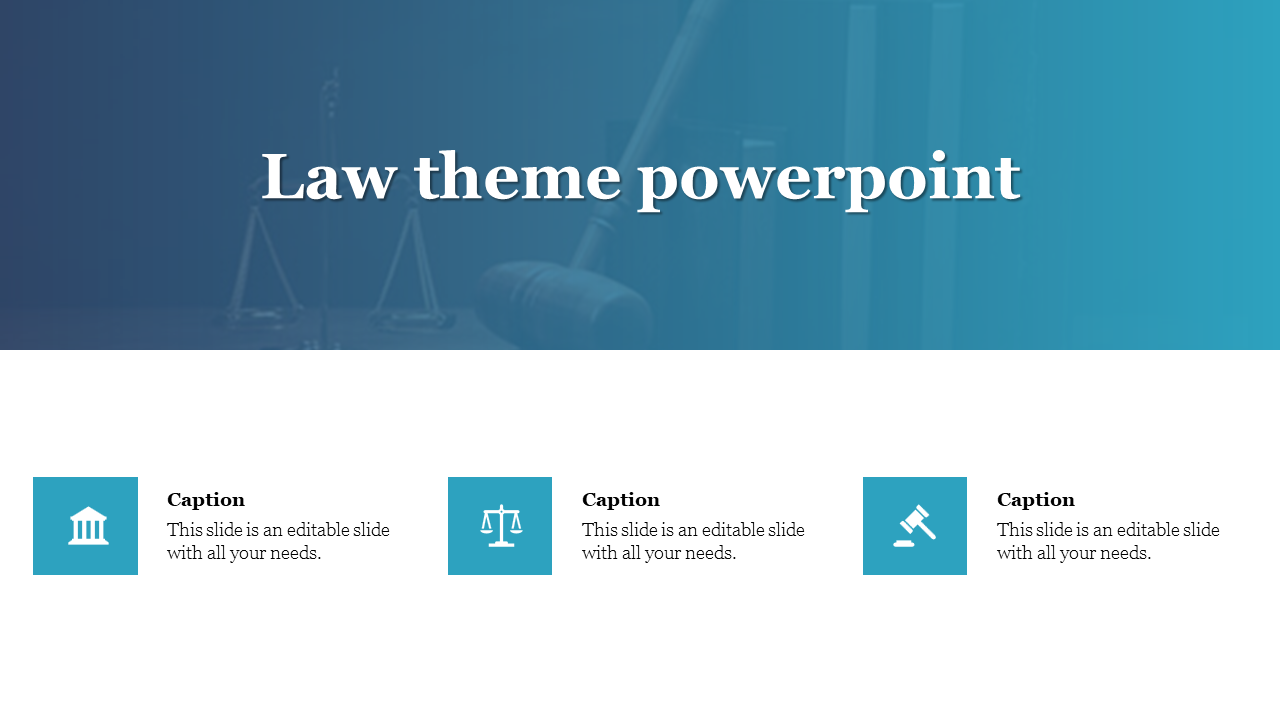 Blue gradient background featuring law symbols and three captions with icons below, including scales and a gavel.