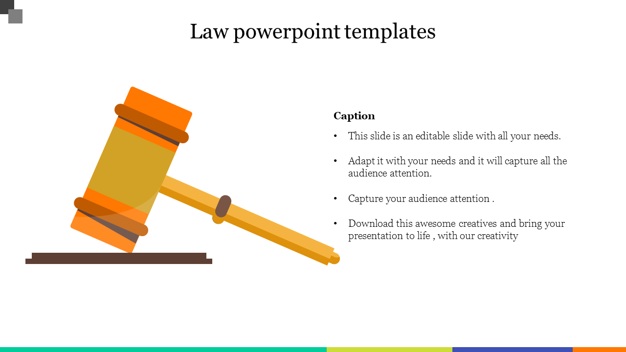 PowerPoint slide with an illustration of a law gavel and text placeholders for a law related presentation.